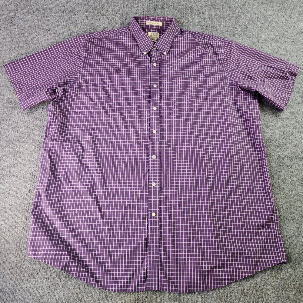 LL Bean Shirt Mens XXL Tall Purple White Check Button Down Wrinkle Resistant - Picture 2 of 11